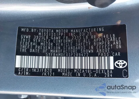 2025 Toyota Corolla Le из США, поврежденный, VIN 5YFB4MDEXSP289472